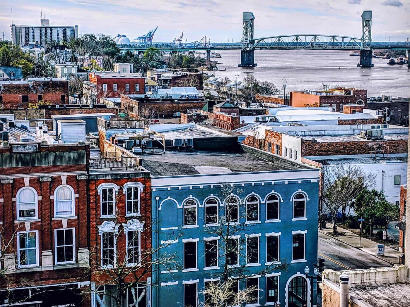 Commercial flat roofs across downtown Wilmington and the Cape Fear River